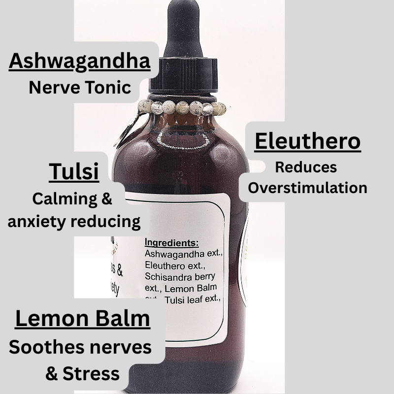 Stress & Anxiety Tincture- Calms overactive mind. Herbal Remedy. Infused with gemstones & sound frequencies.